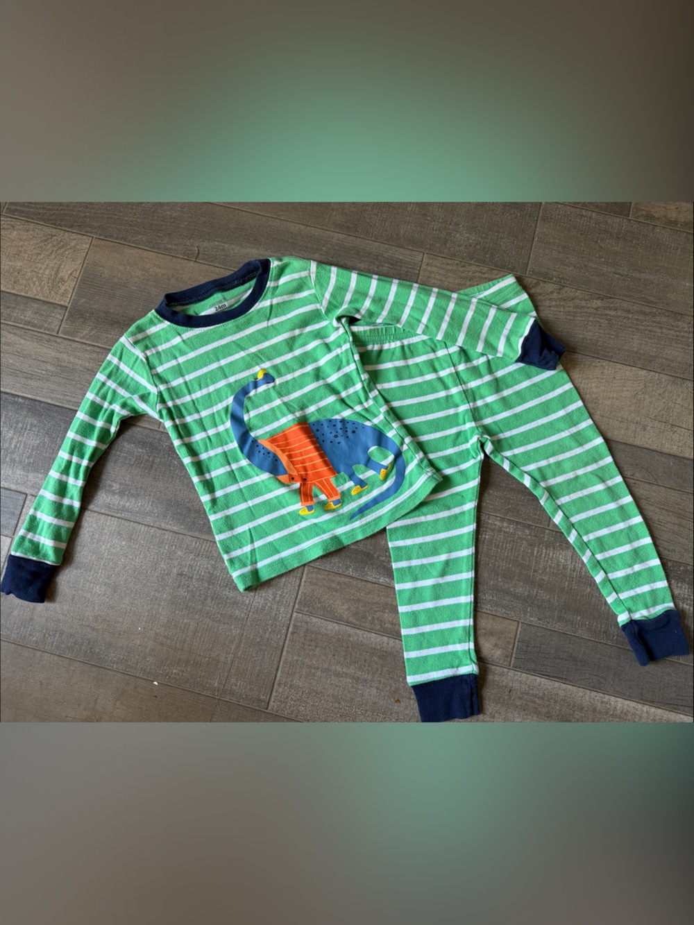 Carter's Green and White Striped Dinosaur Pajama Set with Navy Accents